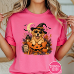 Golden Retriever in a Jack-o-Lantern T-shirt