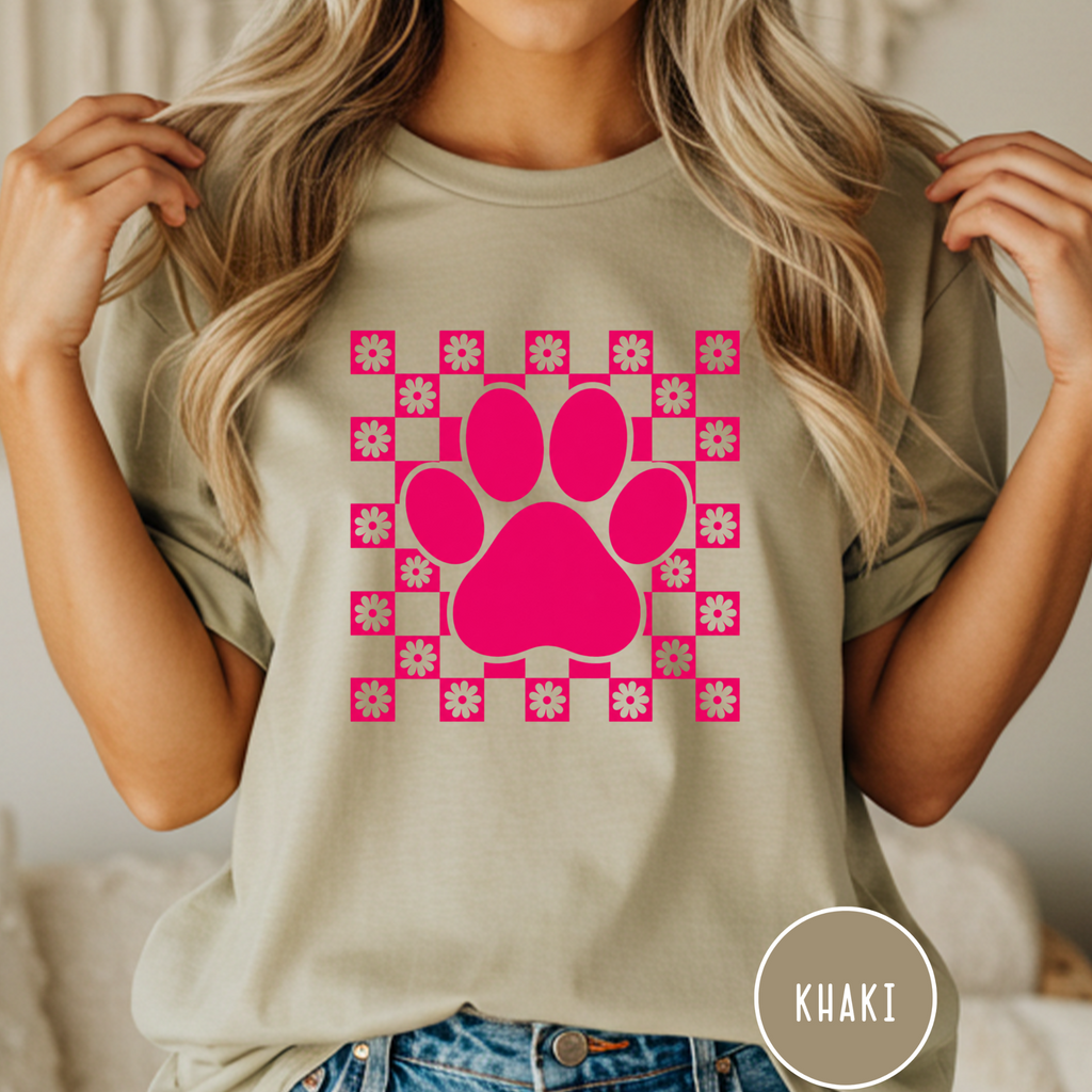Retro Pink Daisy Grid Paw Print T-shirt
