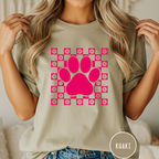 Retro Pink Daisy Grid Paw Print T-shirt