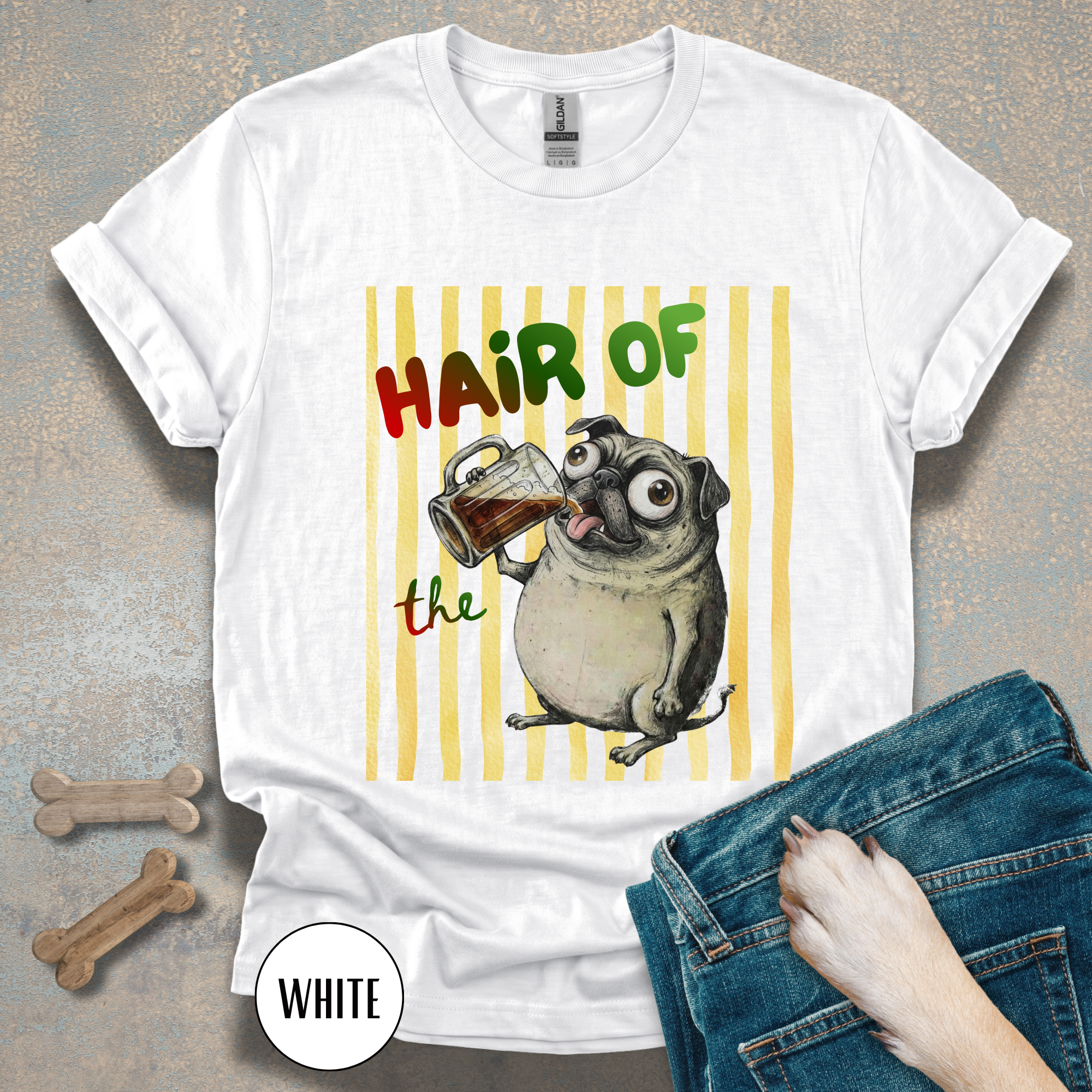 Hair of the Dog Pug with Beer T-shirt, Yellow stripes