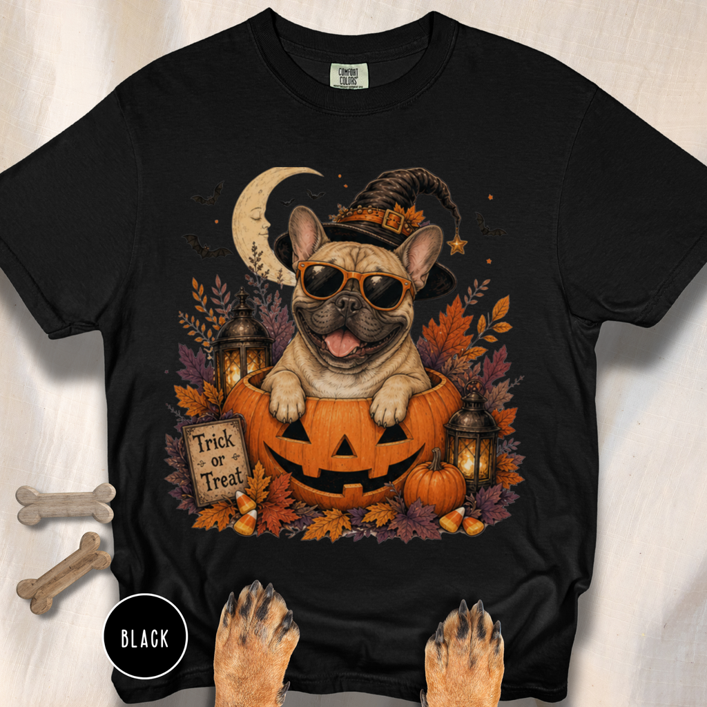 French Bull Dog in a Jack-o-Lantern T-shirt