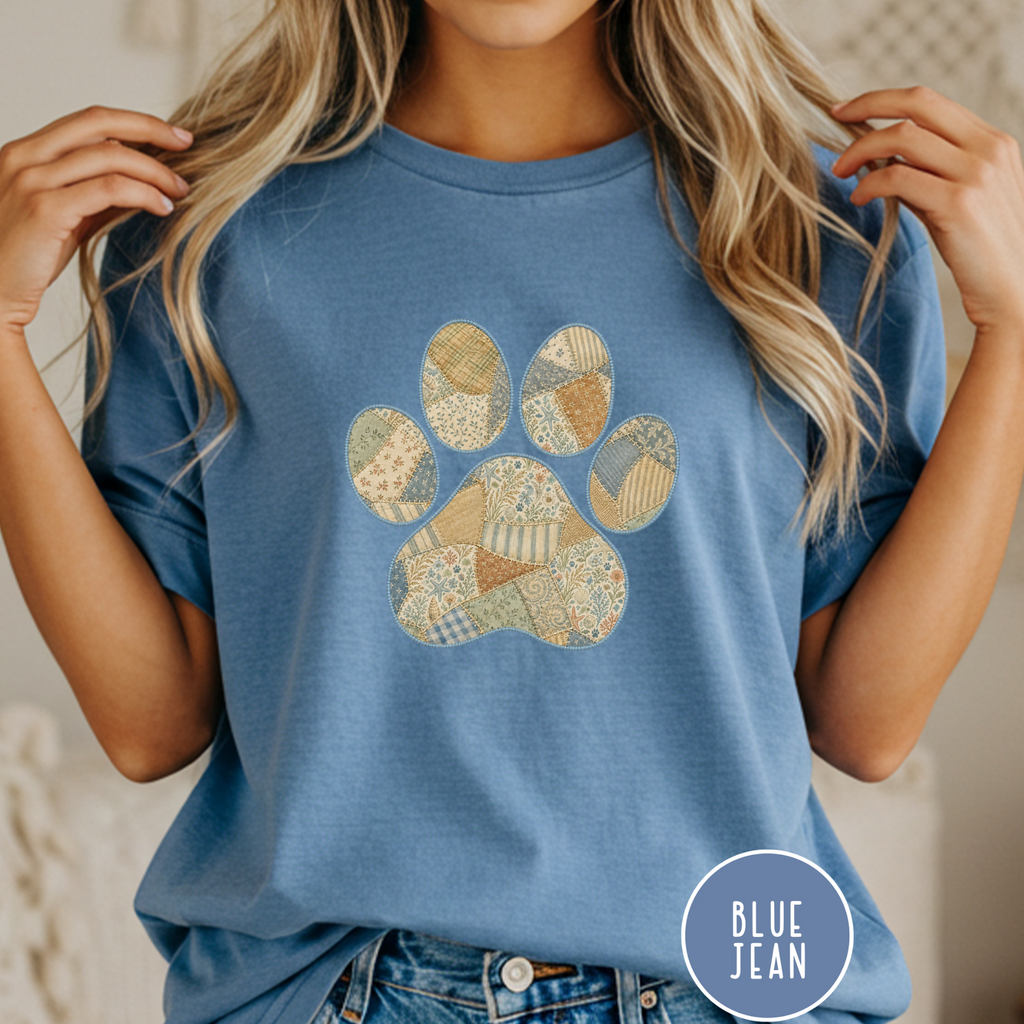 Faux Patchwork Coastal Seashore Dog Paw T-Shirt