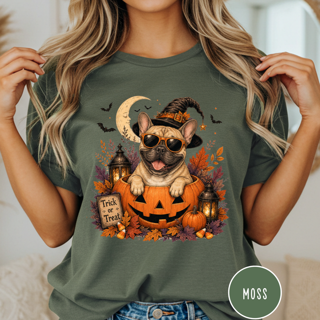French Bull Dog in a Jack-o-Lantern T-shirt