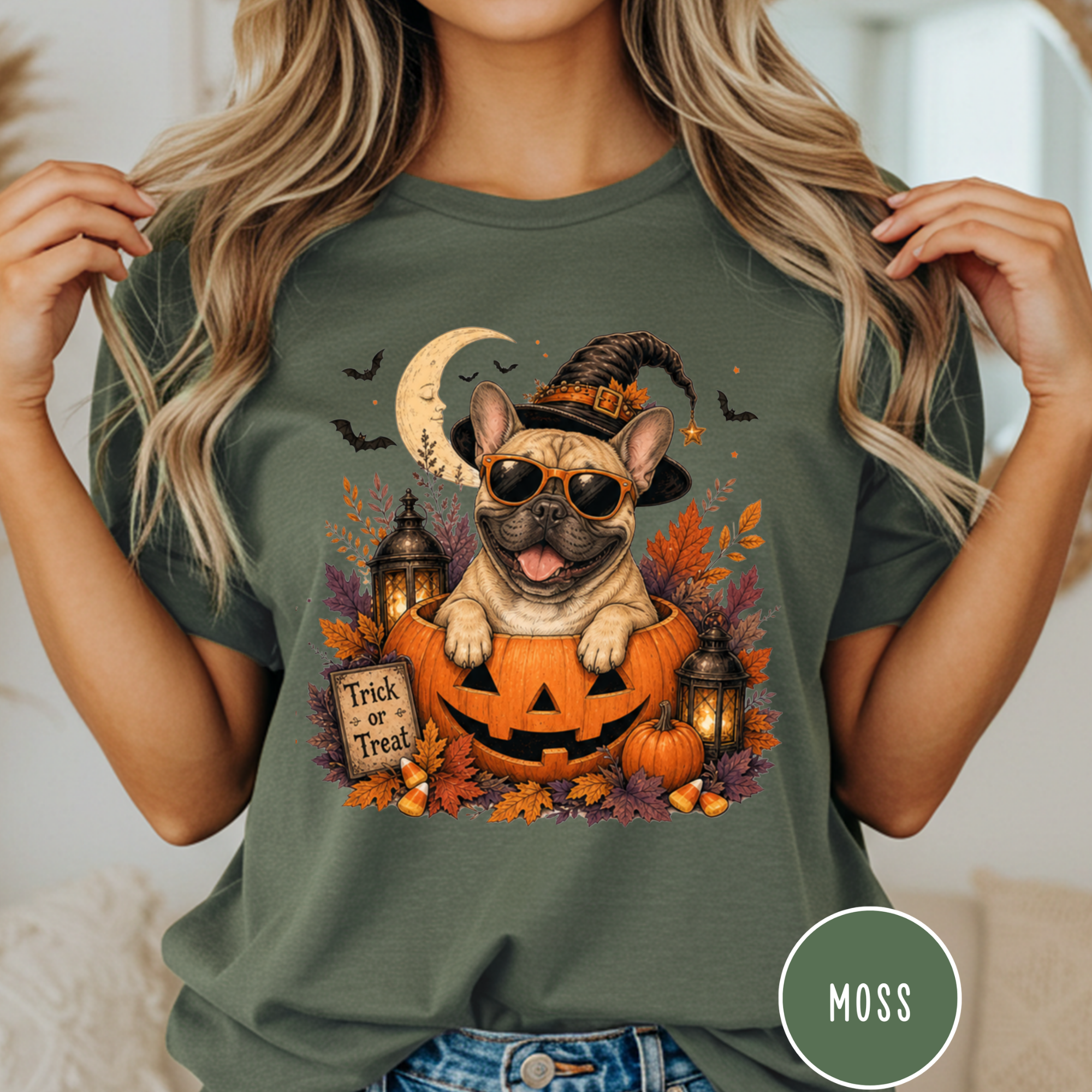 French Bull Dog in a Jack-o-Lantern T-shirt