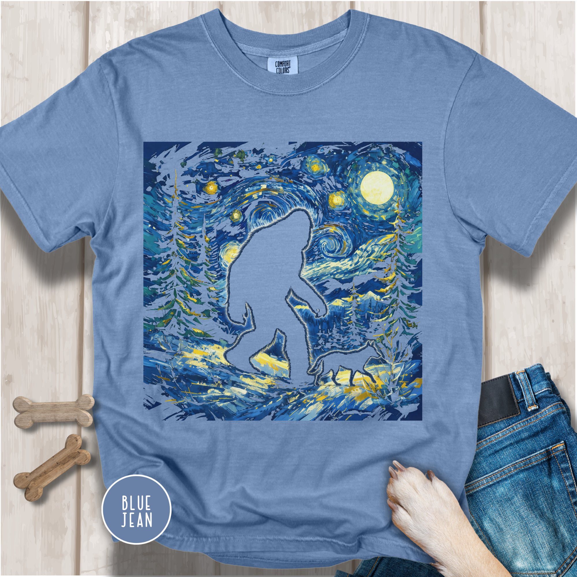 Big Foot walks the Dog on a Starry Night T-Shirt