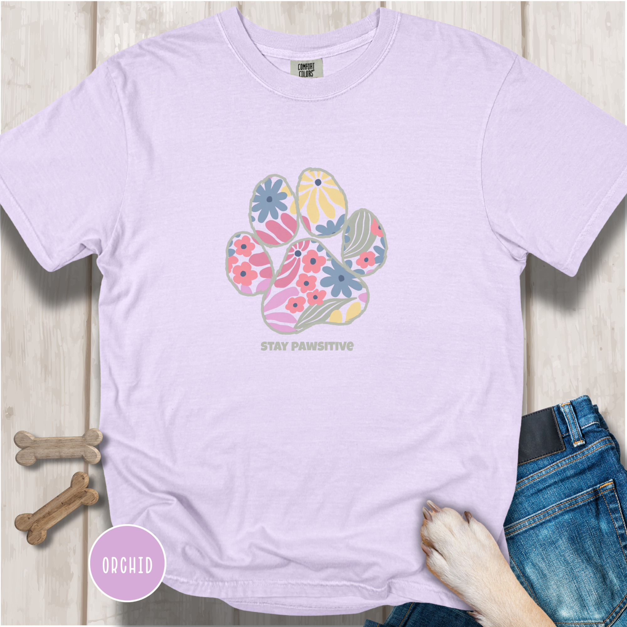 Stay Pawsitive Floral Paw Print T-Shirt