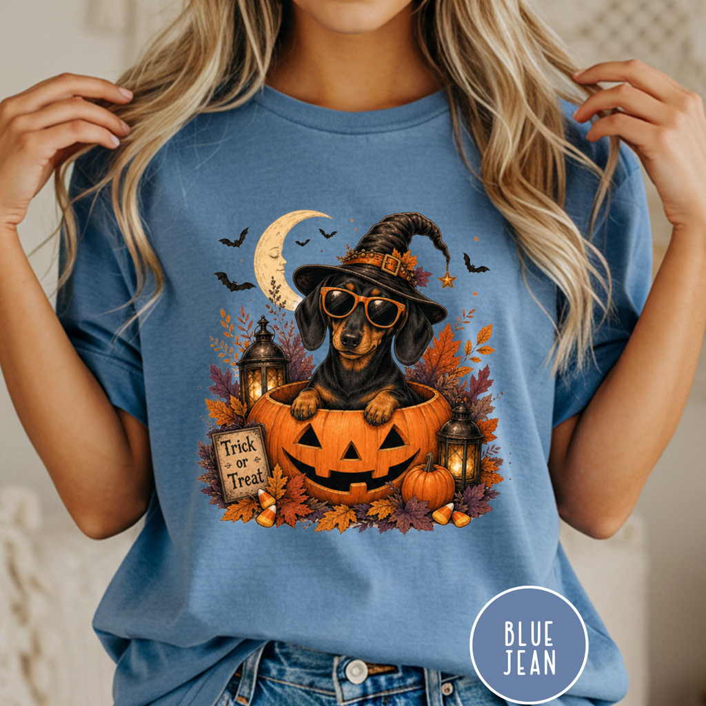 Dachshund in a Jack-o-Lantern T-shirt