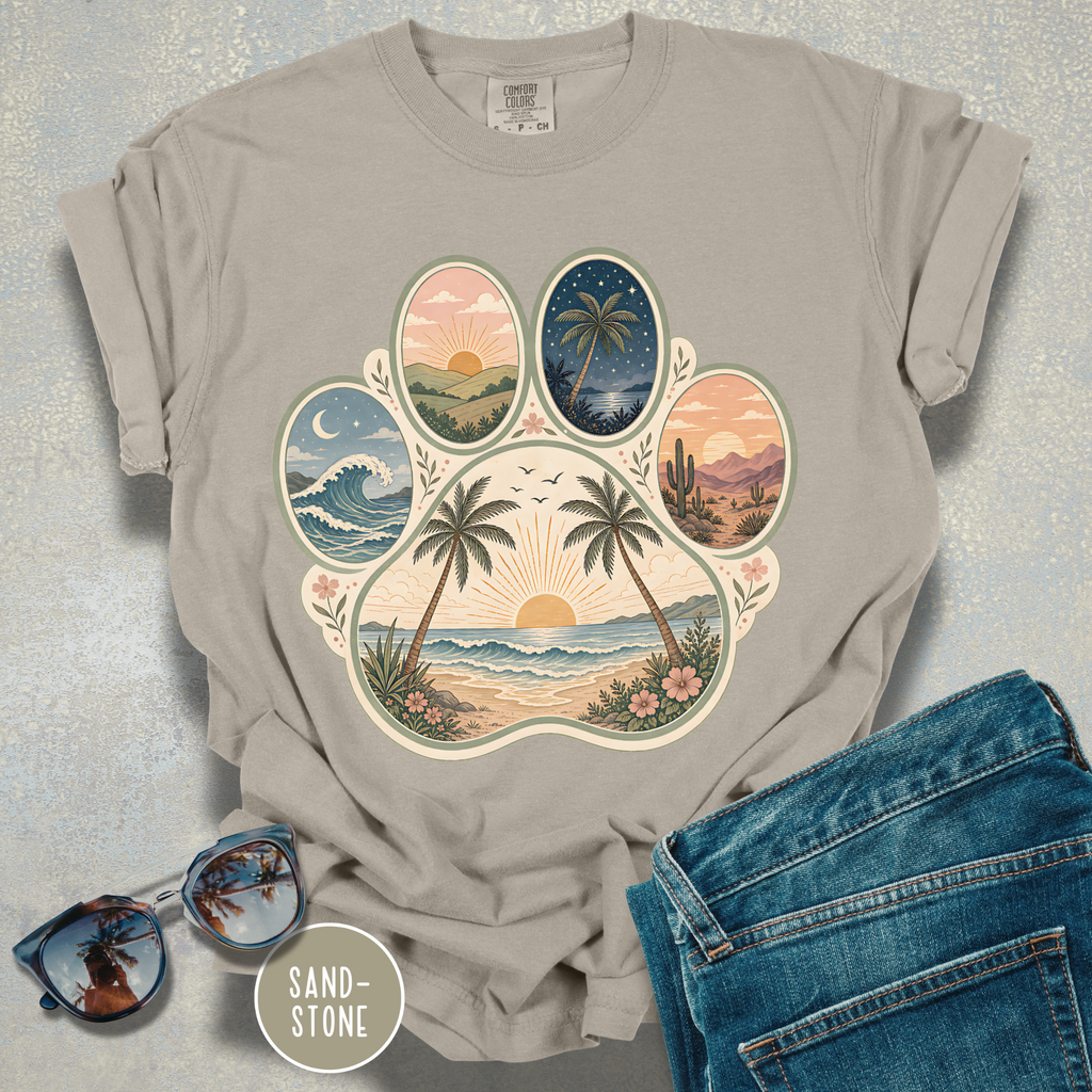 Retro Beach Scene Paw Print T-shirt