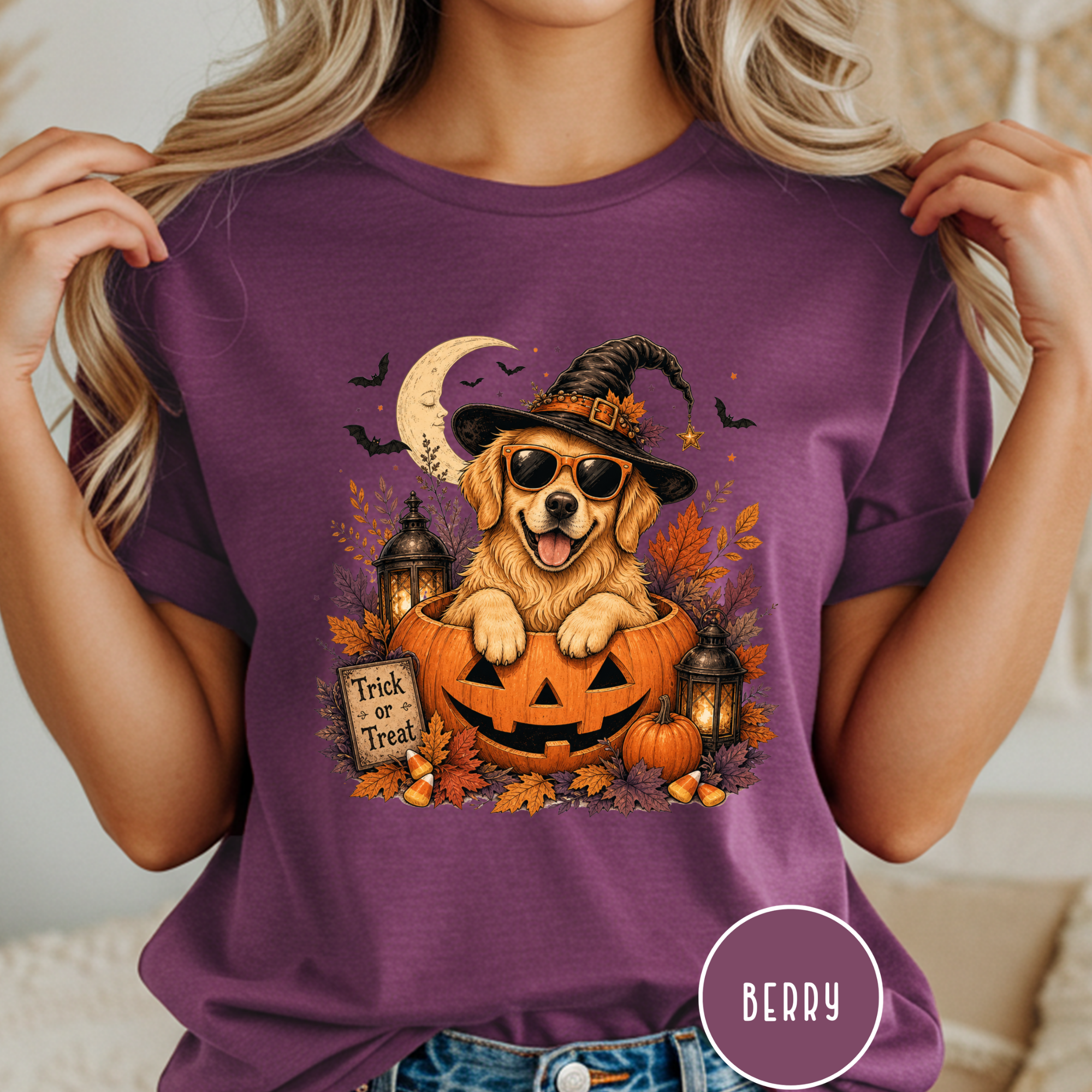 Golden Retriever in a Jack-o-Lantern T-shirt