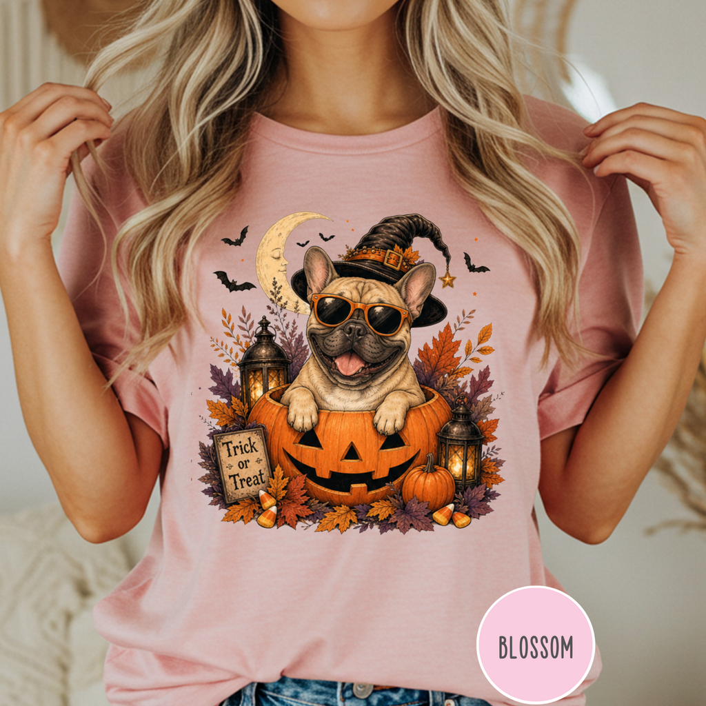 French Bull Dog in a Jack-o-Lantern T-shirt