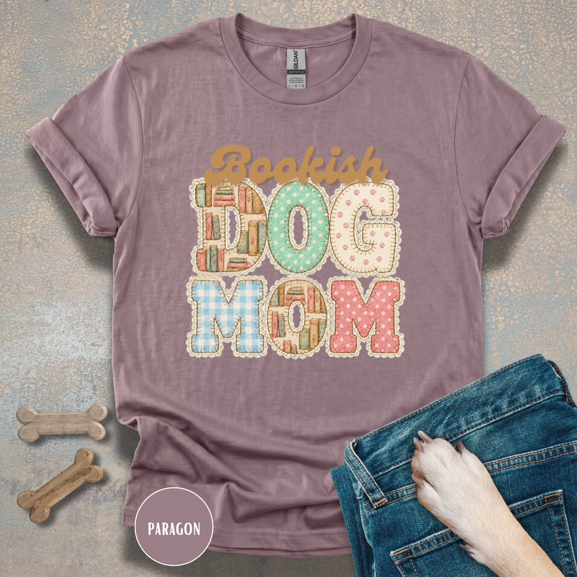 Bookish Dog Mom faux patchwork T-Shirt