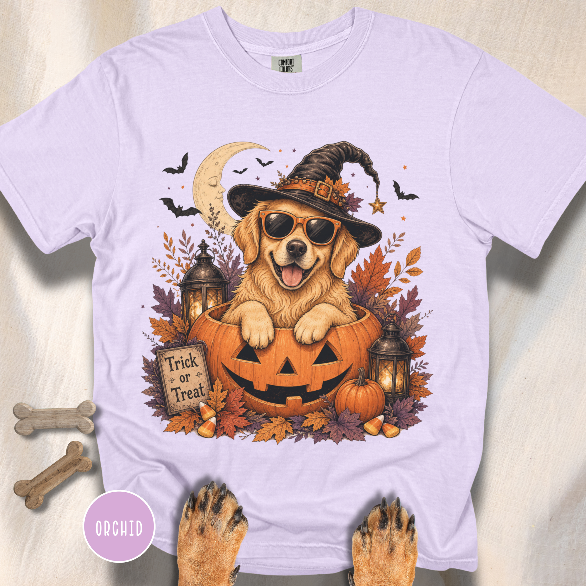 Golden Retriever in a Jack-o-Lantern T-shirt
