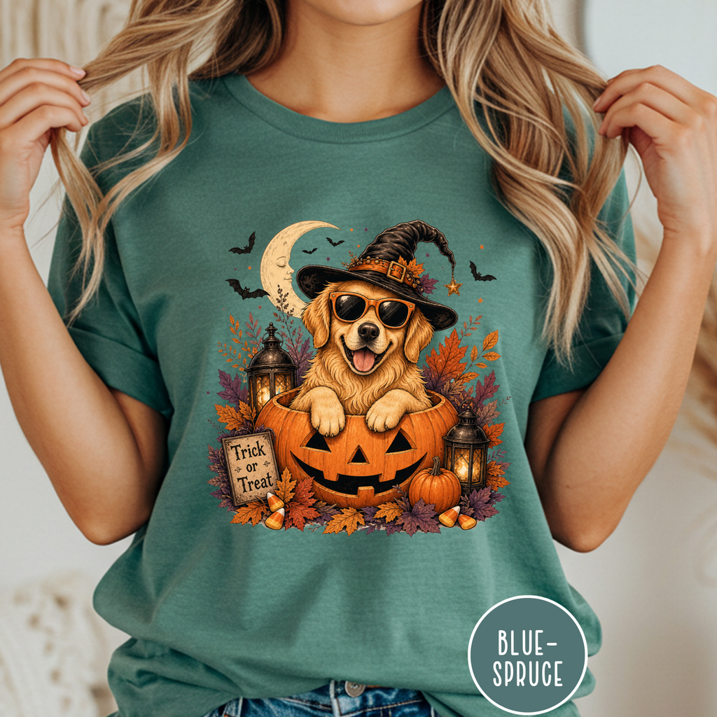 Golden Retriever in a Jack-o-Lantern T-shirt
