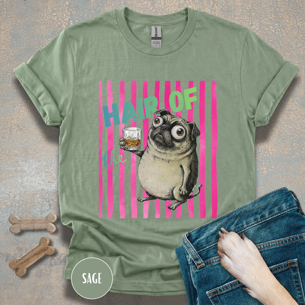 Whiskey, Hair of the Dog Pug Hangover T-Shirt. Pink stripes