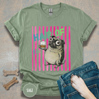 Whiskey, Hair of the Dog Pug Hangover T-Shirt. Pink stripes