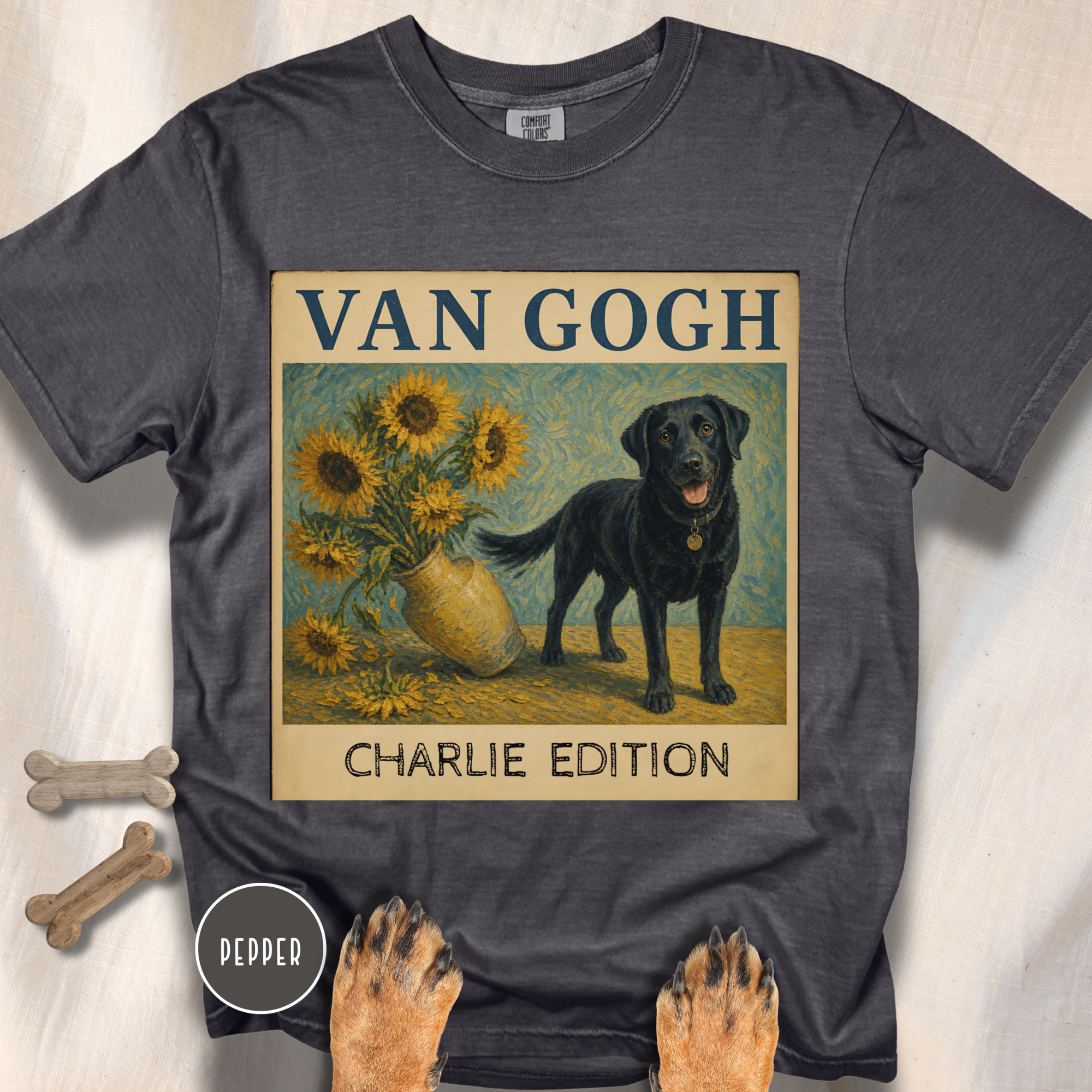 Personalized Black Lab Van Gogh Sunflowers Down T-Shirt