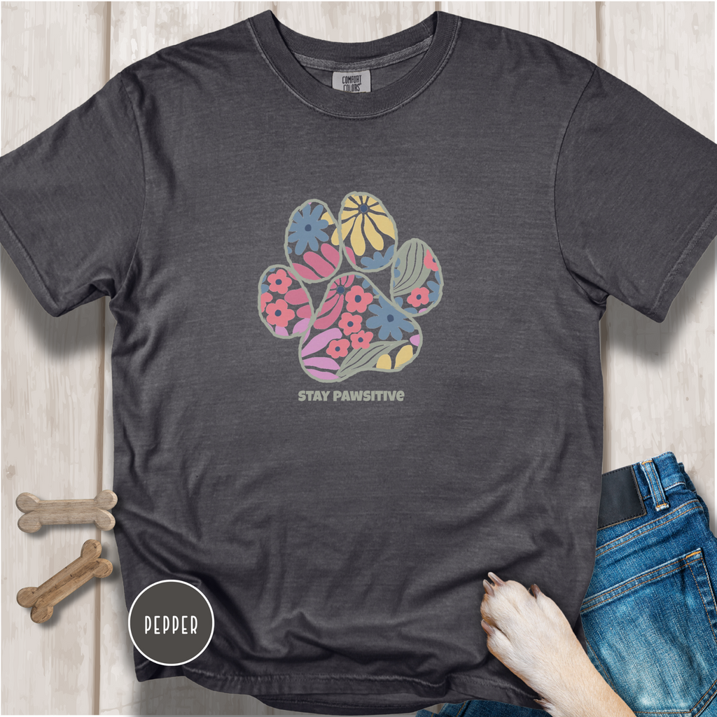 Stay Pawsitive Floral Paw Print T-Shirt