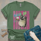 Whiskey, Hair of the Dog Pug Hangover T-Shirt. Pink stripes