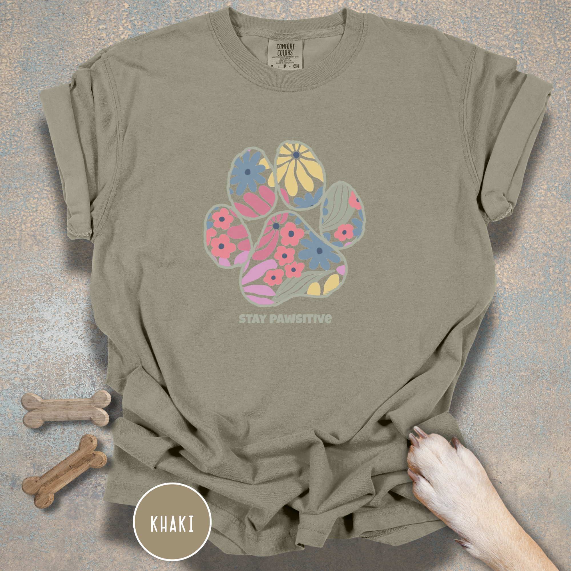 Stay Pawsitive Floral Paw Print T-Shirt