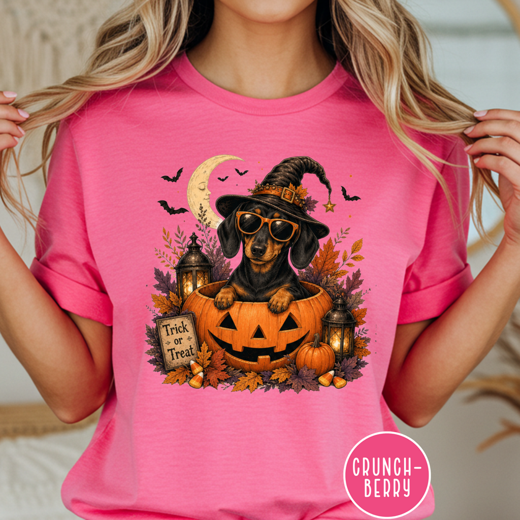 Dachshund in a Jack-o-Lantern T-shirt