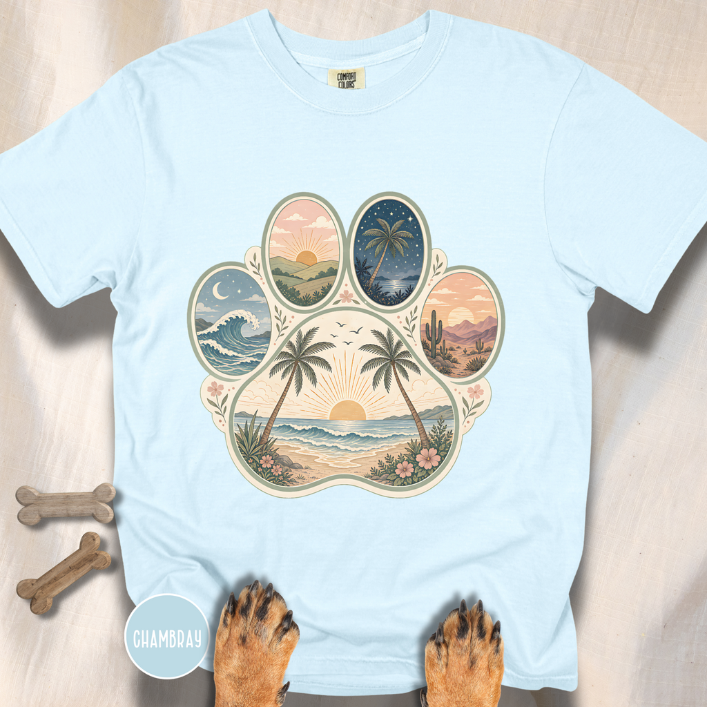 Retro Beach Scene Paw Print T-shirt
