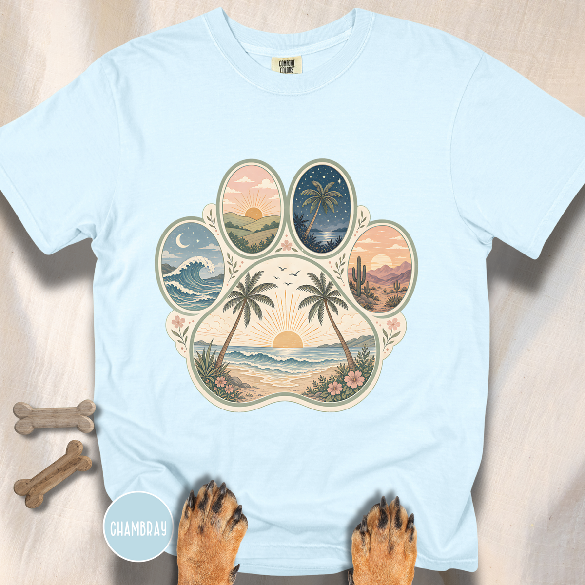 Retro Beach Scene Paw Print T-shirt