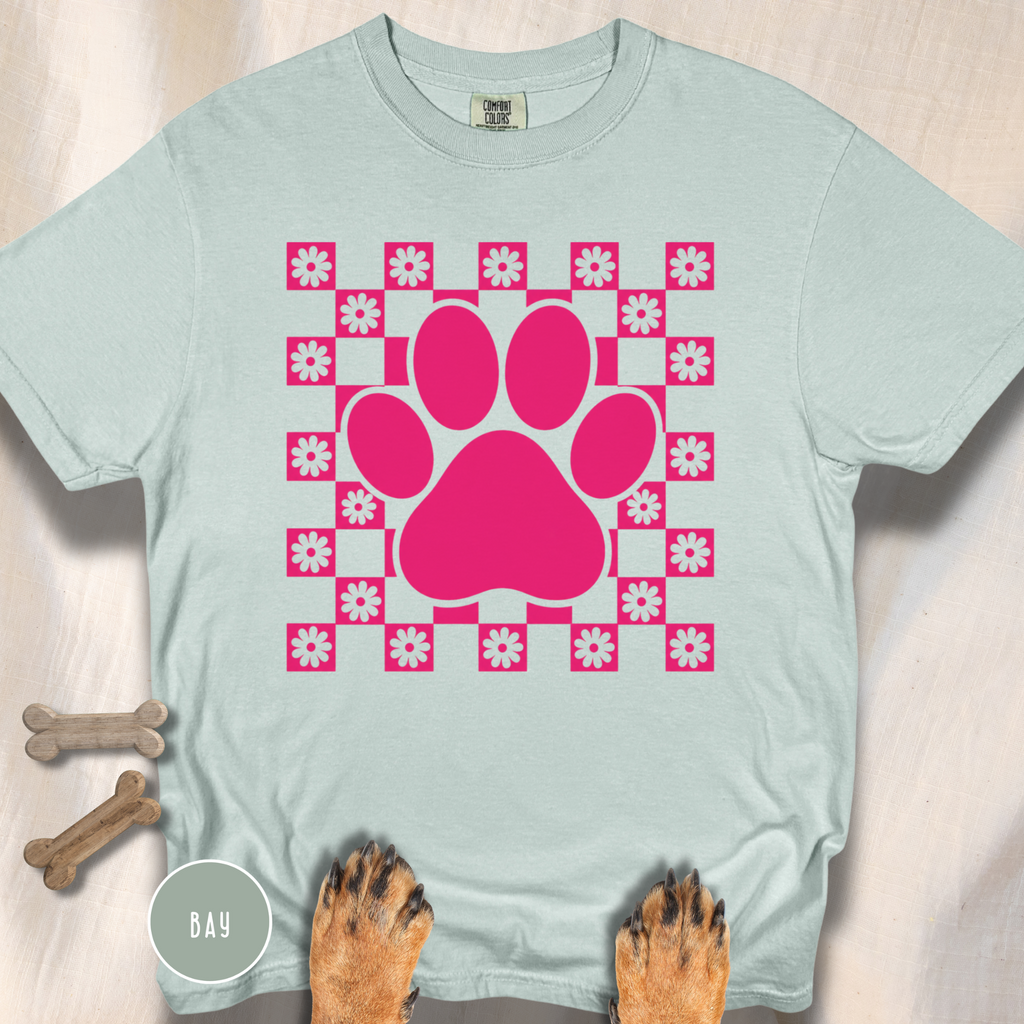 Retro Pink Daisy Grid Paw Print T-shirt