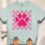 Retro Pink Daisy Grid Paw Print T-shirt