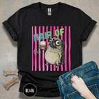 Whiskey, Hair of the Dog Pug Hangover T-Shirt. Pink stripes