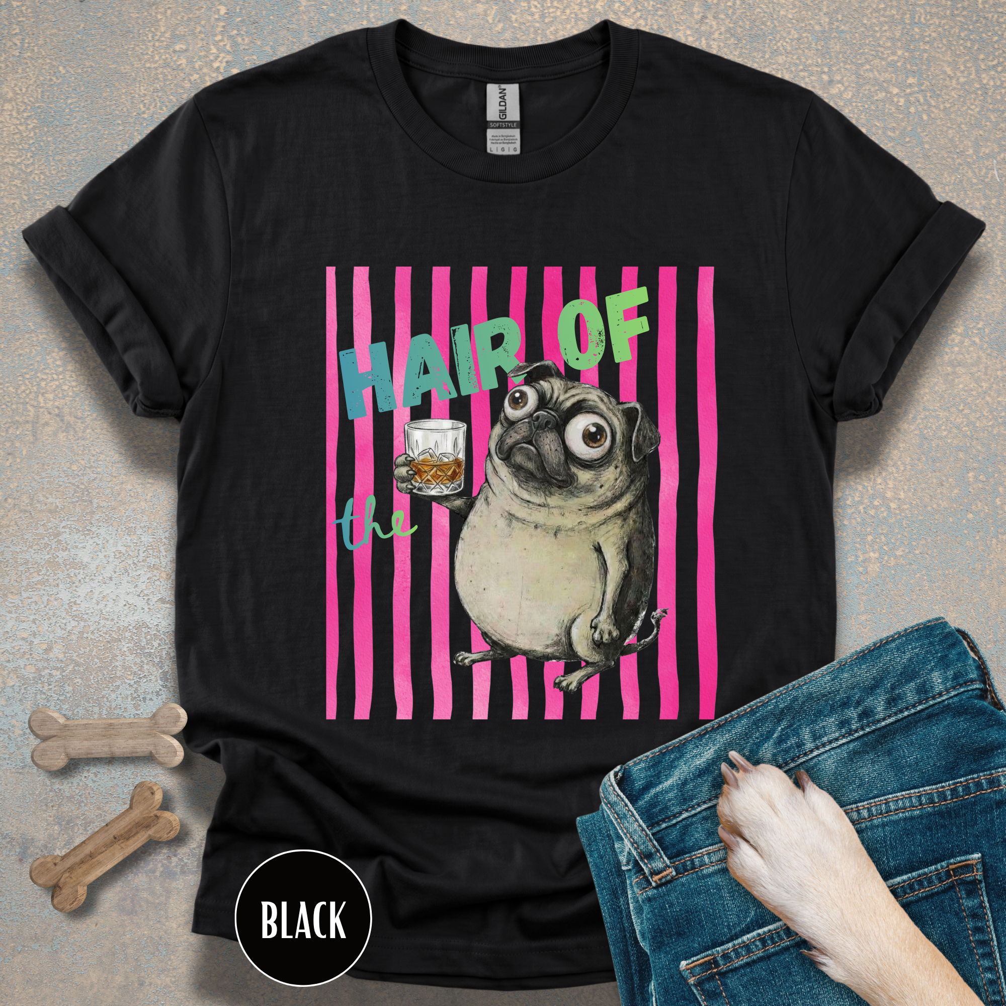 Whiskey, Hair of the Dog Pug Hangover T-Shirt. Pink stripes