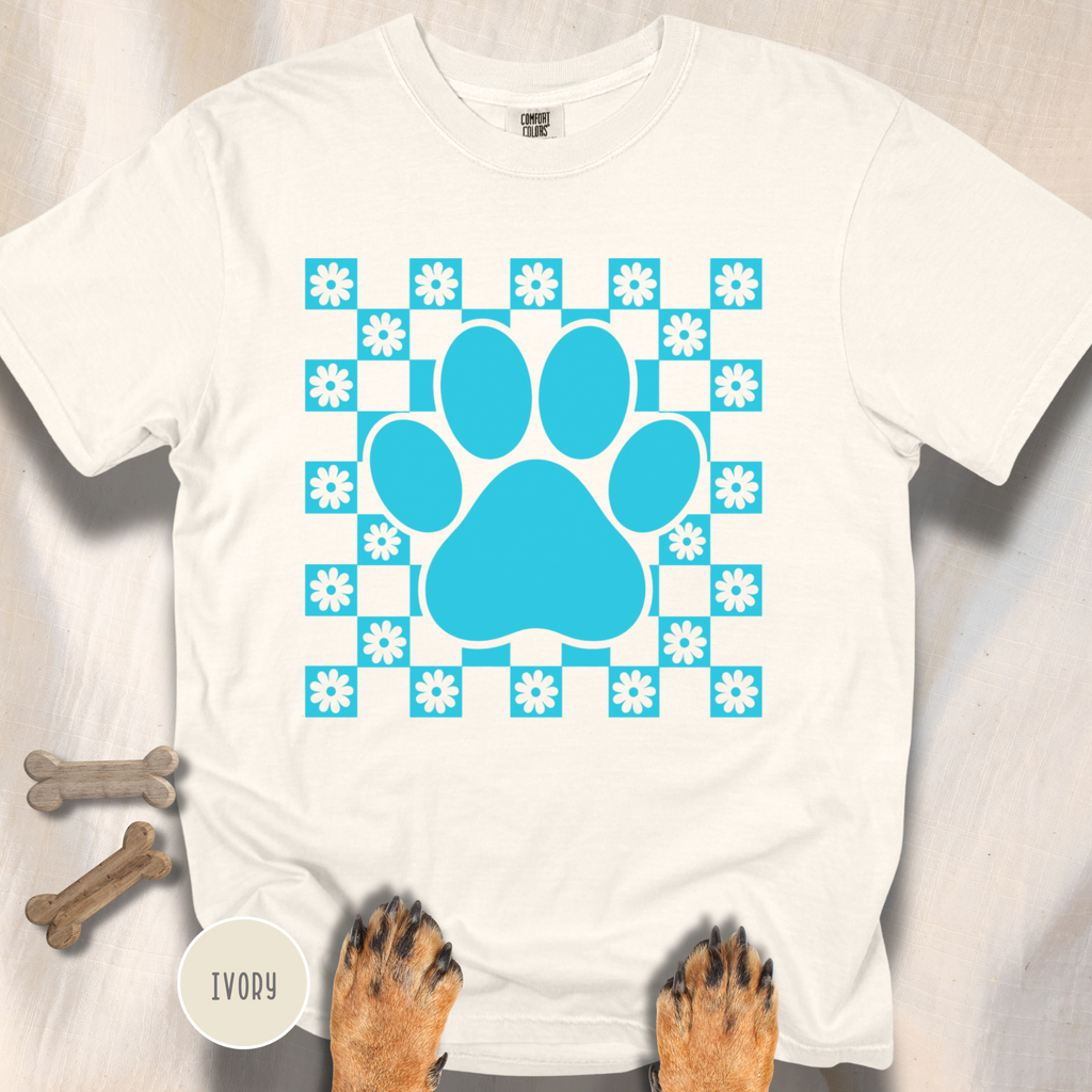 Retro Daisy Grid Paw Print T-shirt
