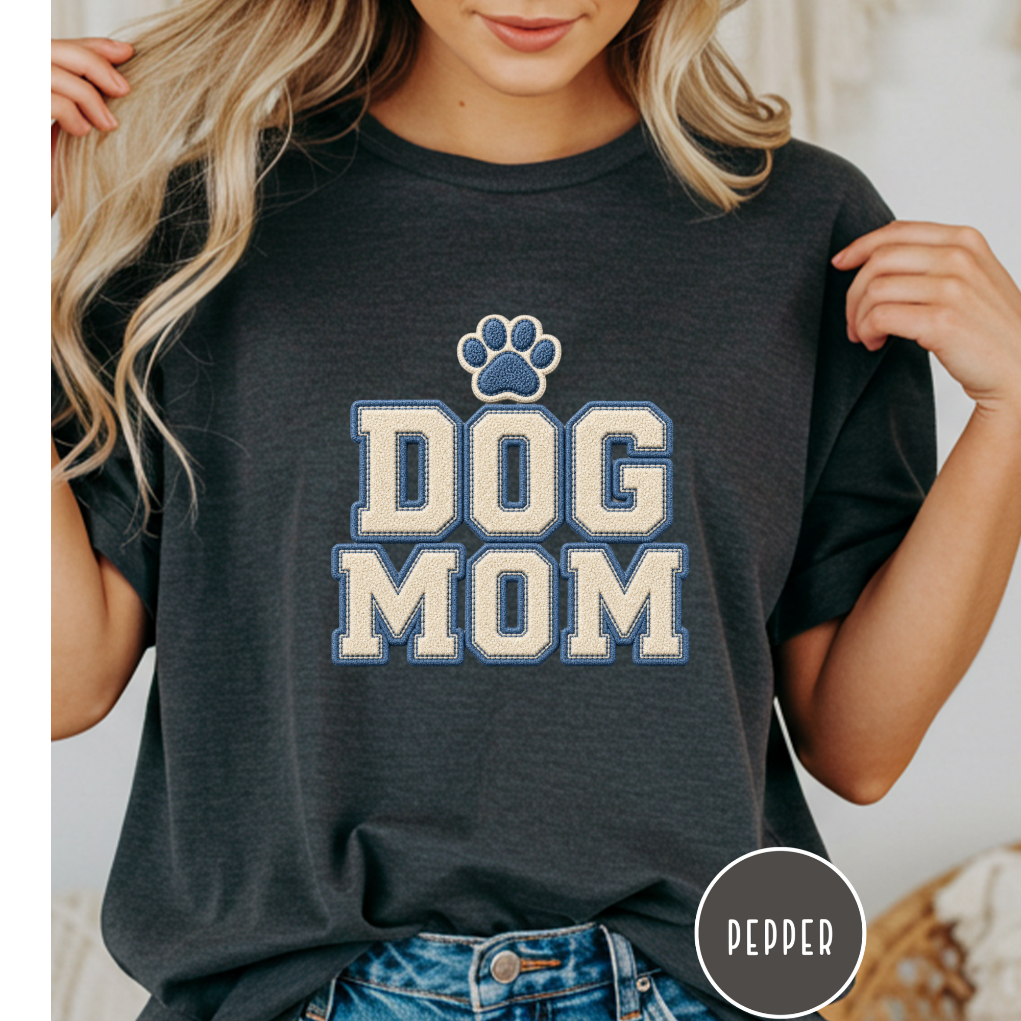 Dog Mom Faux Chenille Varsity T-Shirt
