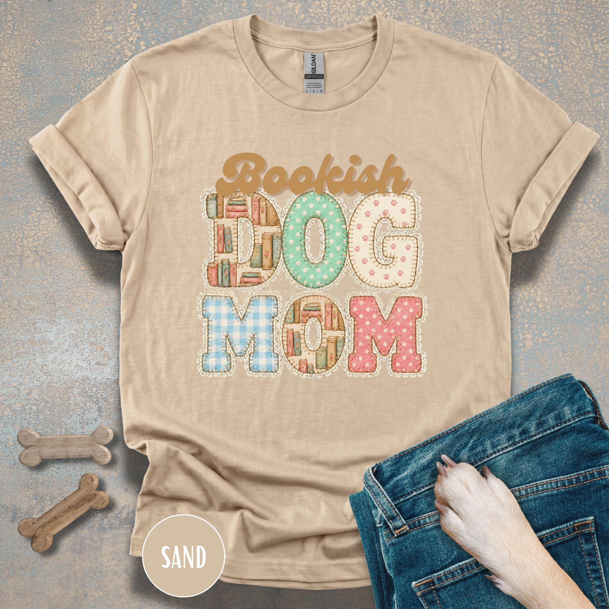 Bookish Dog Mom faux patchwork T-Shirt