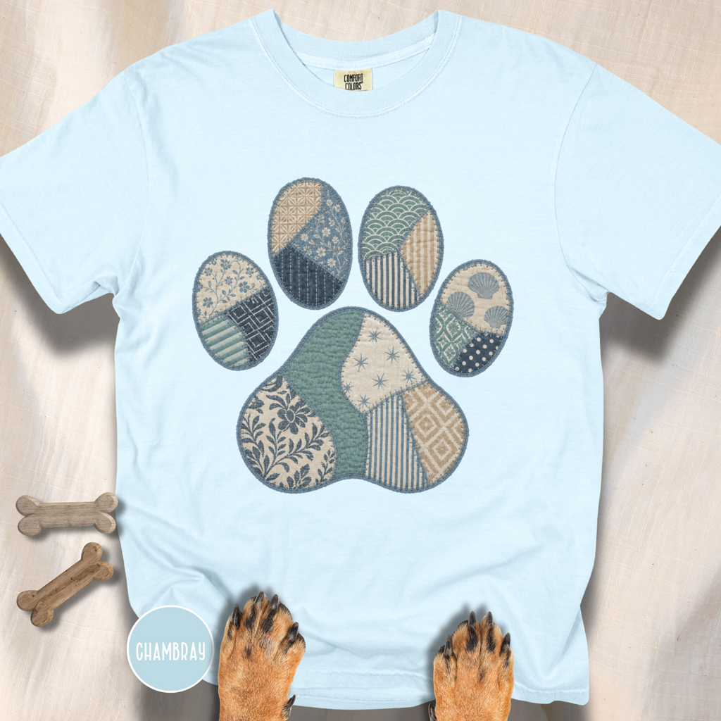 Faux Patchwork Coastal Dog Paw T-shirt