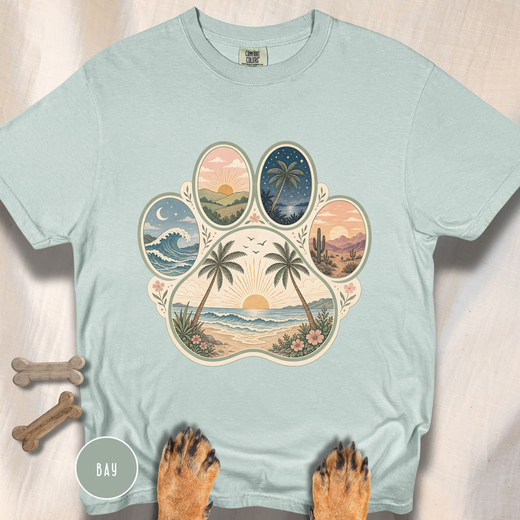 Retro Beach Scene Paw Print T-shirt
