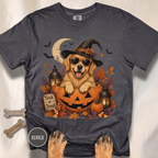 Golden Retriever in a Jack-o-Lantern T-shirt