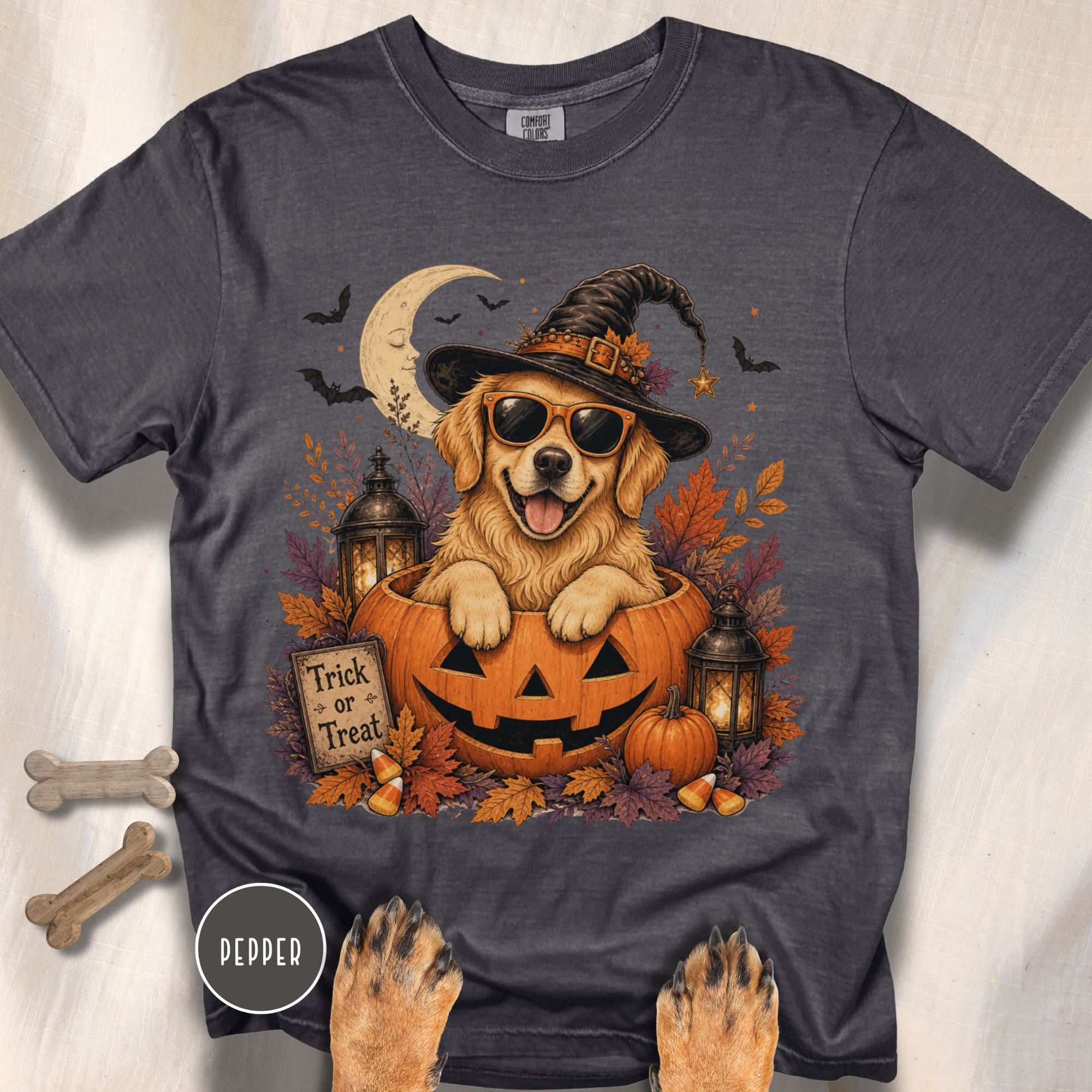 Golden Retriever in a Jack-o-Lantern T-shirt