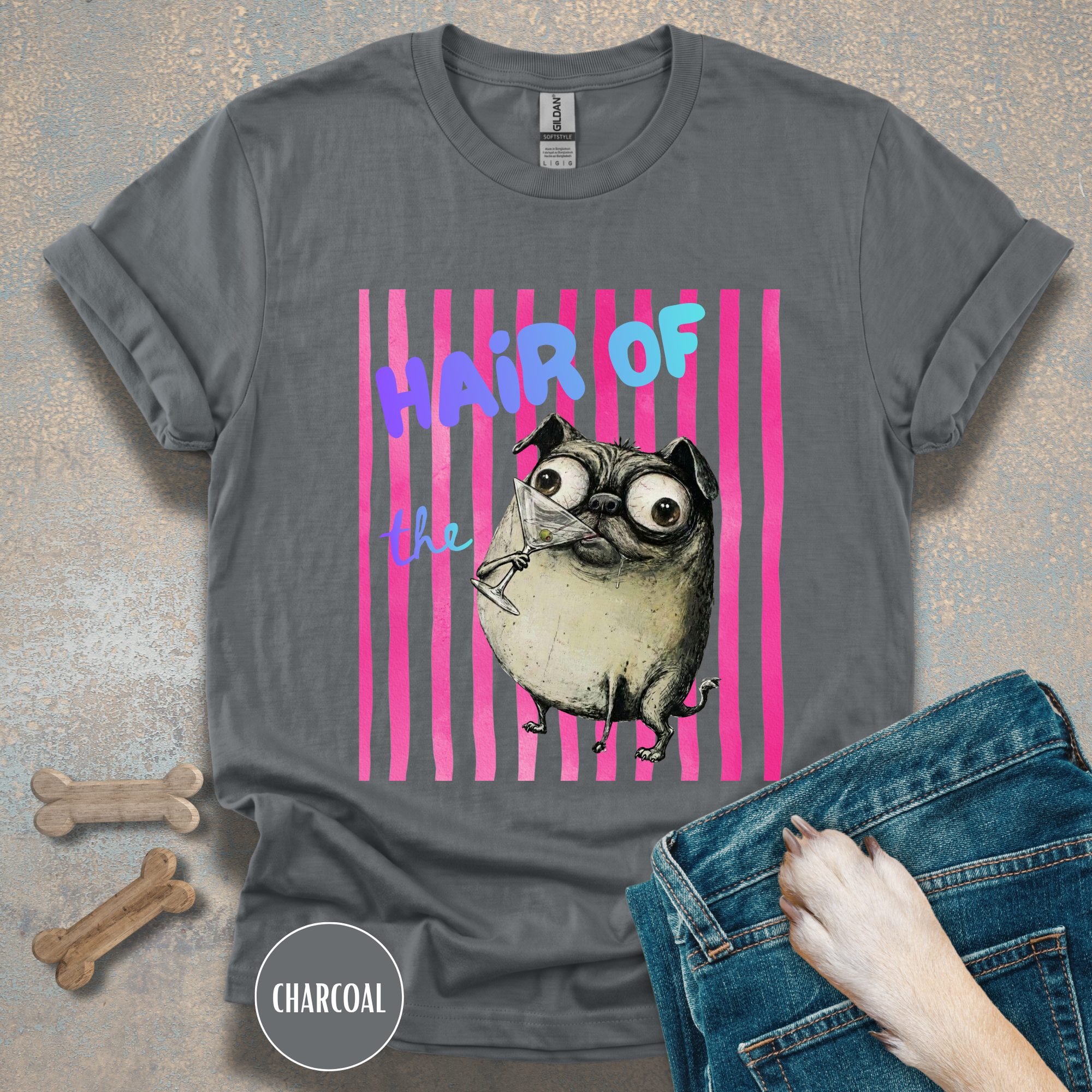 Hair of the Dog Pug Hangover T-Shirt. Pink stripes, blue gradient text