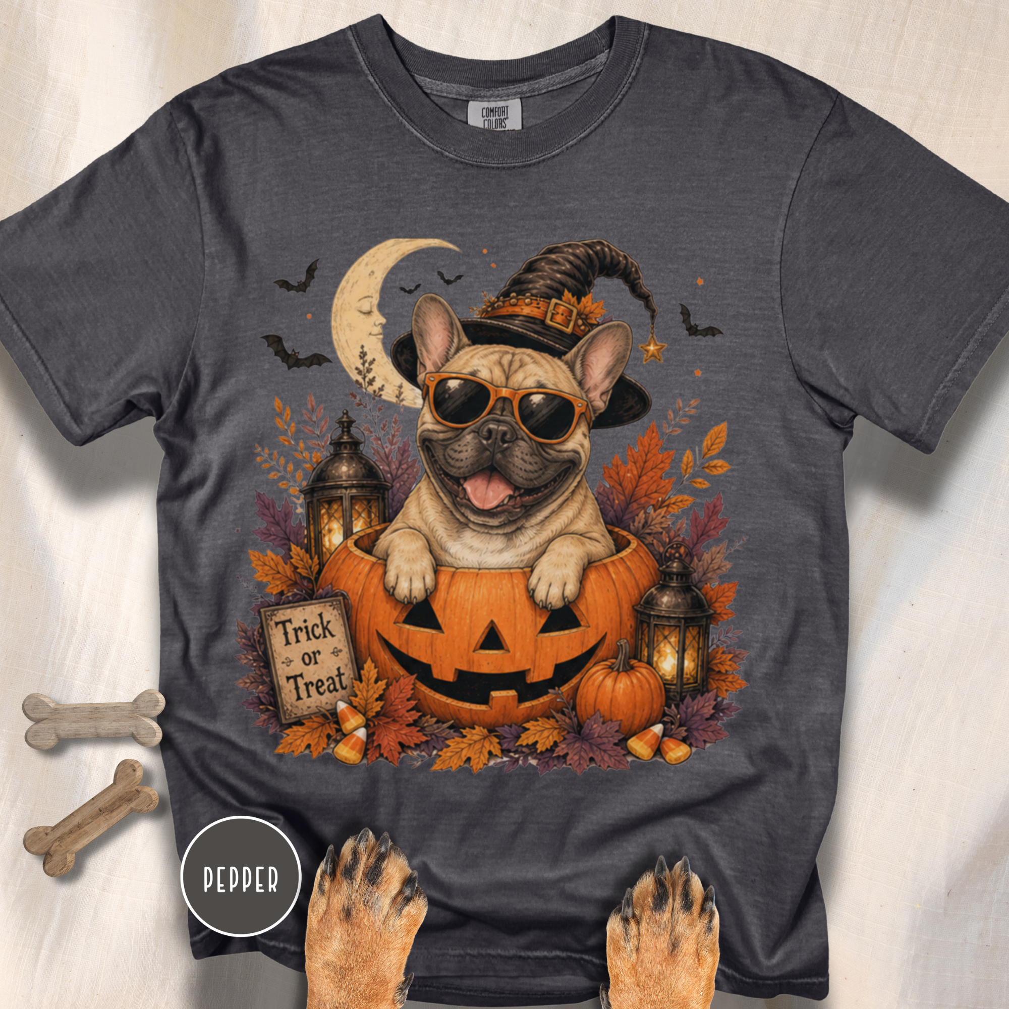 French Bull Dog in a Jack-o-Lantern T-shirt