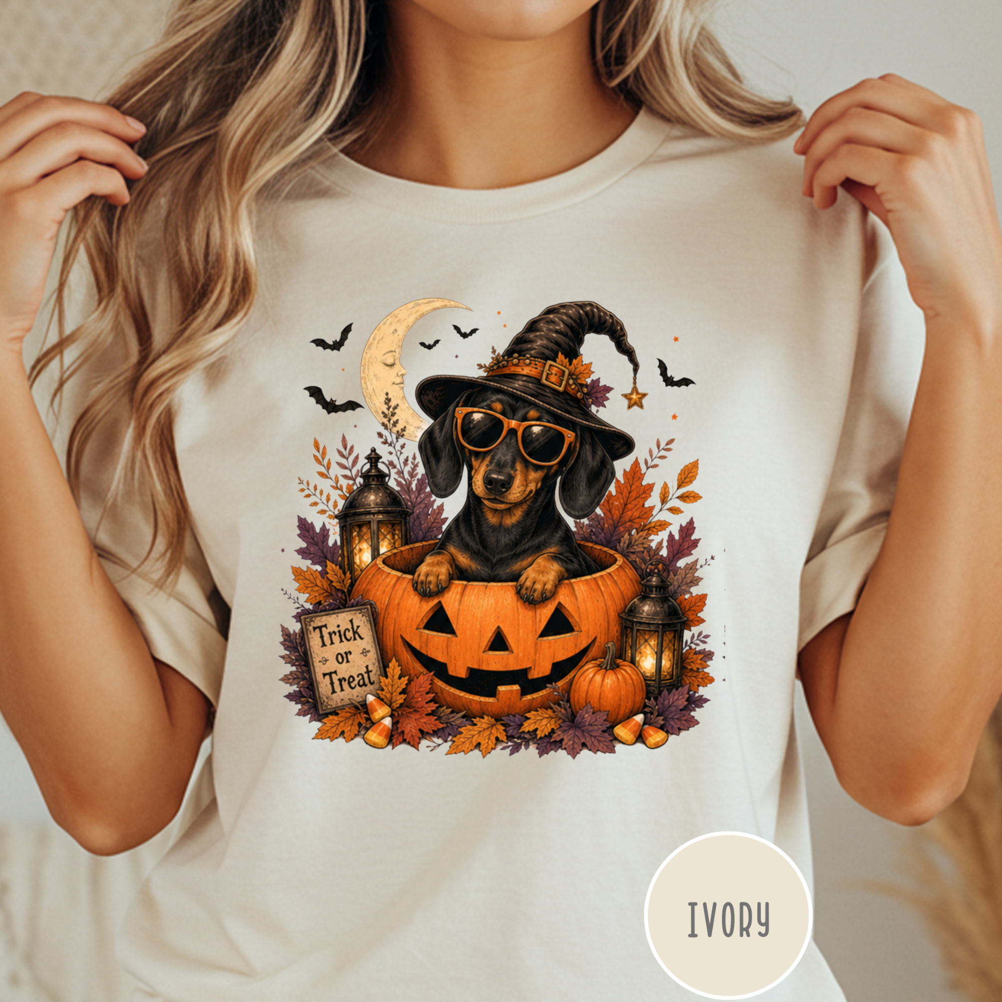 Dachshund in a Jack-o-Lantern T-shirt