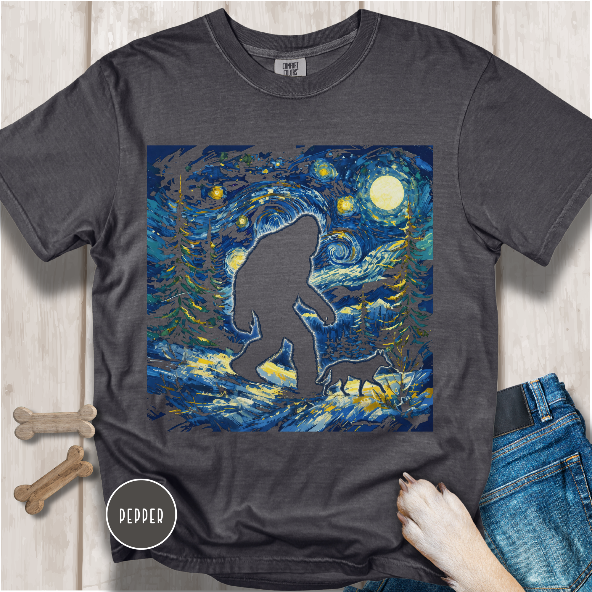 Big Foot walks the Dog on a Starry Night T-Shirt