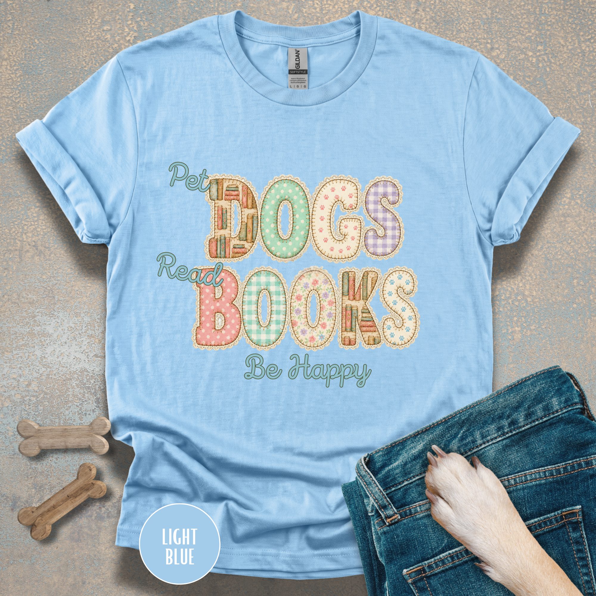 Pet Dogs, Read Books, Be Happy faux patchwork T-Shirt