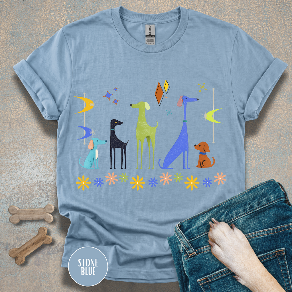Retro Atomic Dogs Graphic T-Shirt – Mid Century Modern Dog Lover Tee