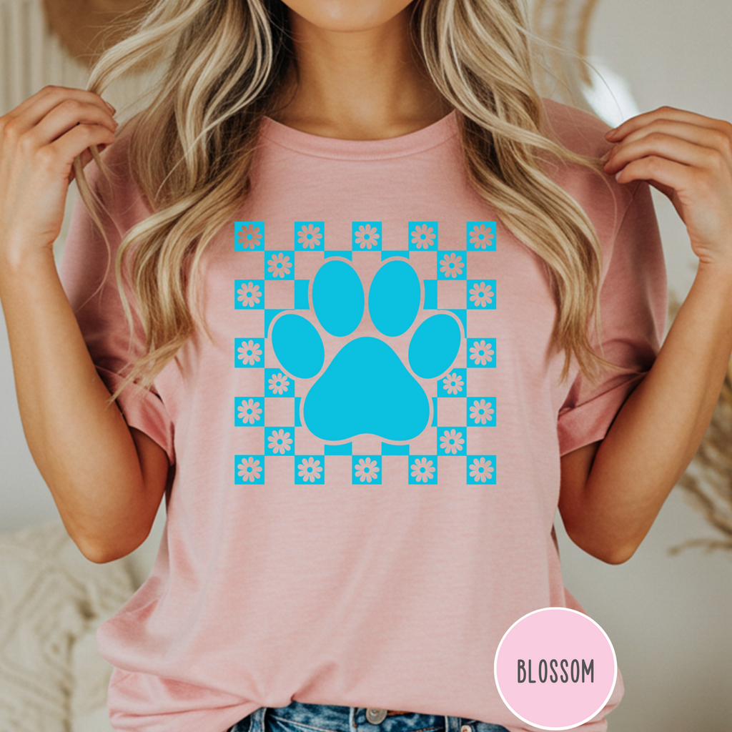 Retro Daisy Grid Paw Print T-shirt