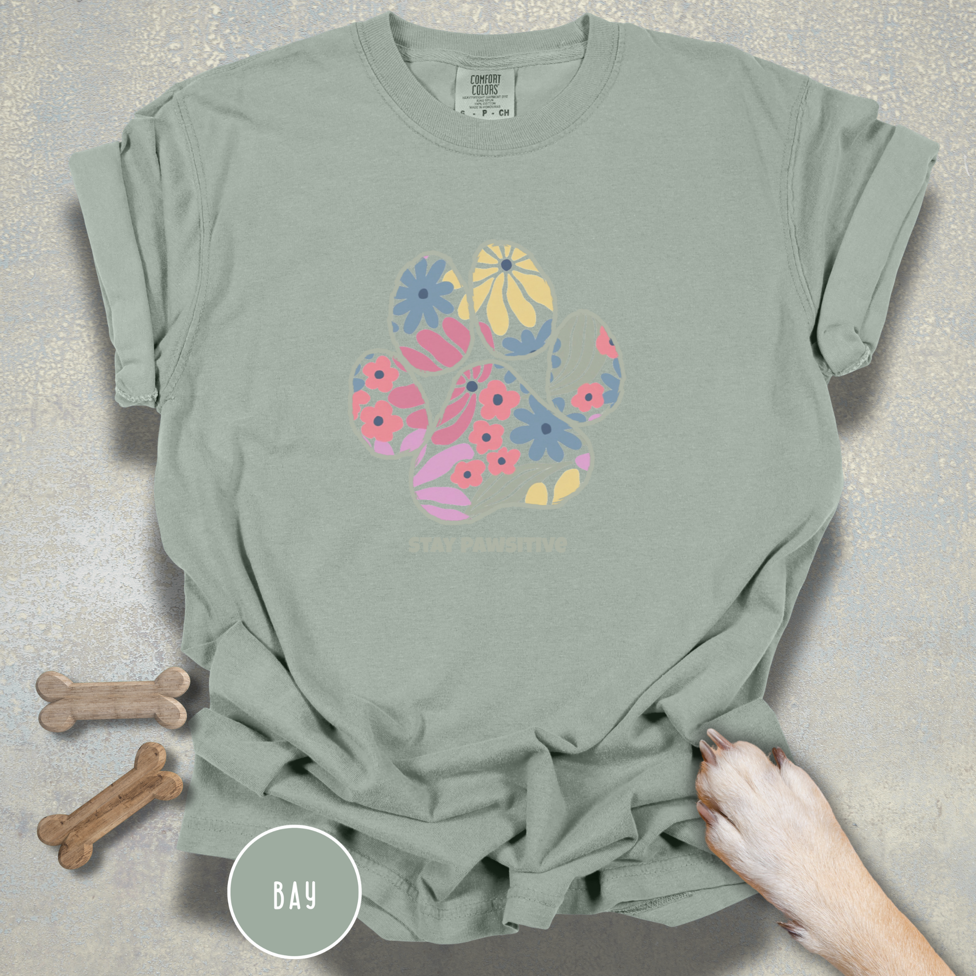 Stay Pawsitive Floral Paw Print T-Shirt