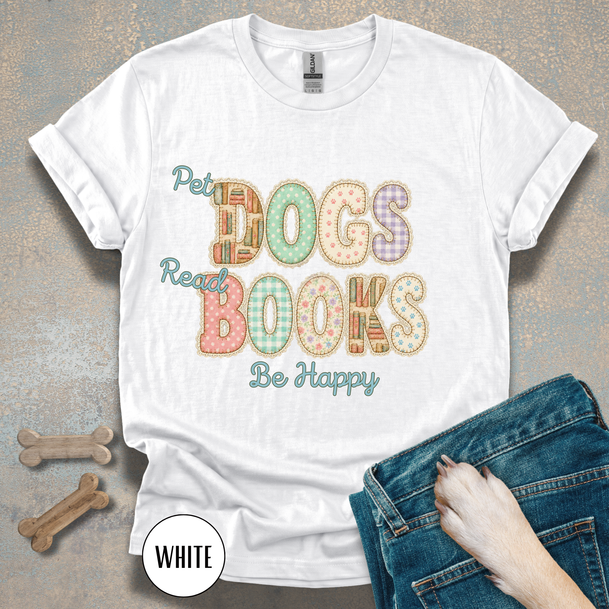 Pet Dogs, Read Books, Be Happy faux patchwork T-Shirt