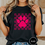 Retro Pink Daisy Grid Paw Print T-shirt