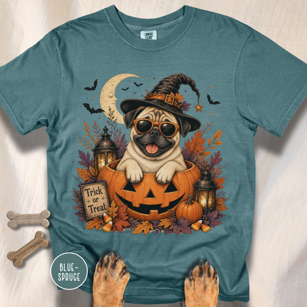 Pug in a Jack-o-Lantern T-shirt