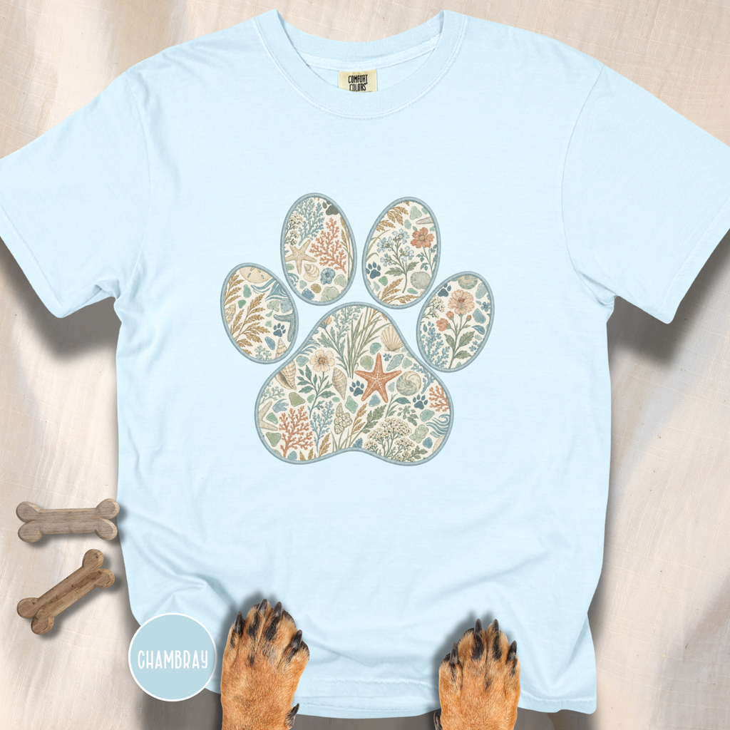 Coastal Seashore Vintage Botanical Dog Paw T-Shirt