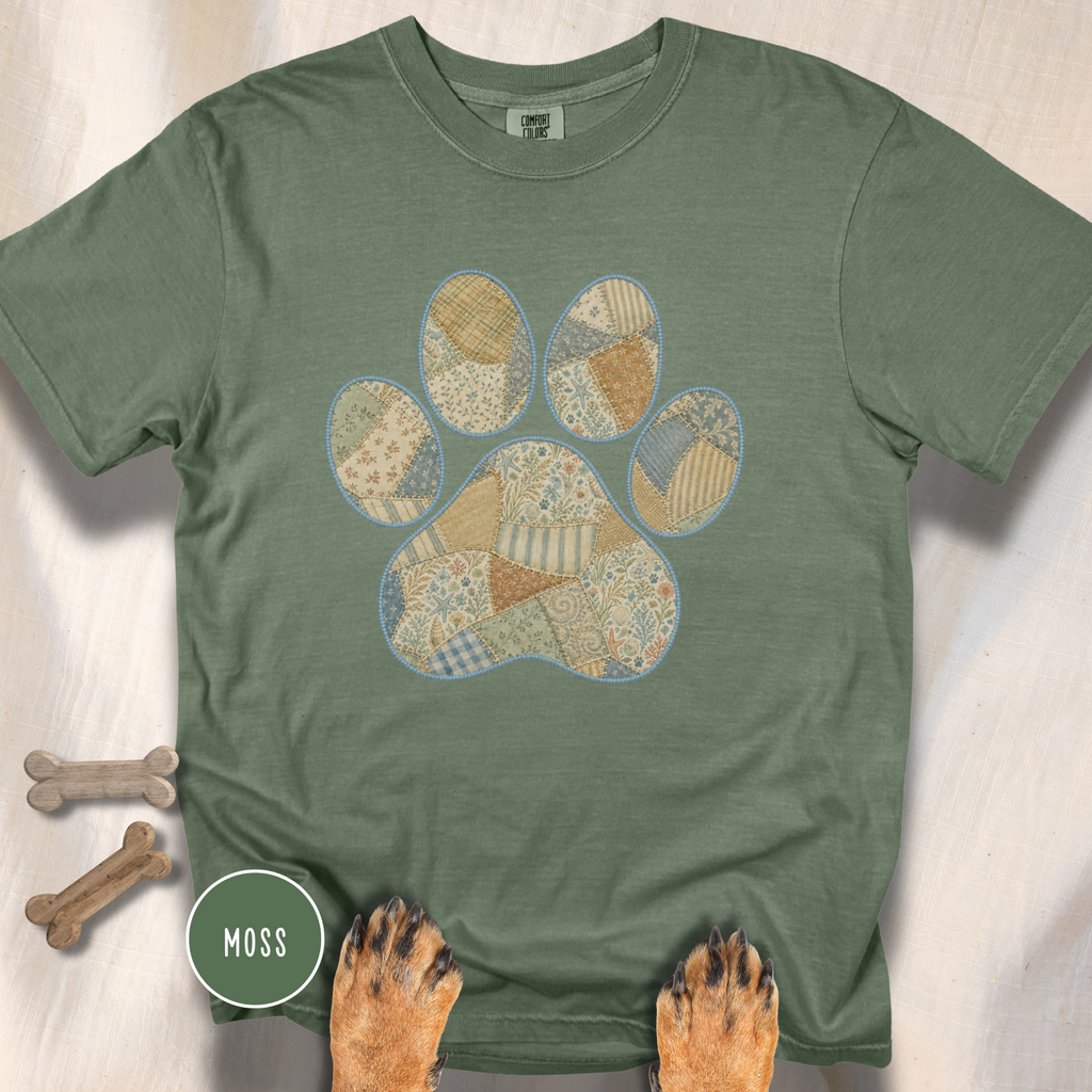 Faux Patchwork Coastal Seashore Dog Paw T-Shirt